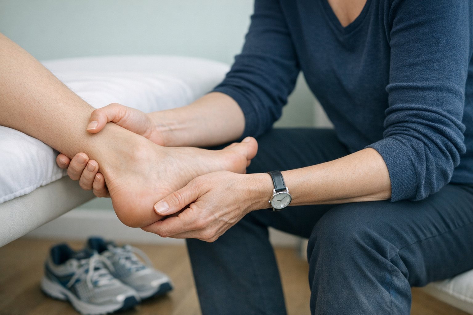 A clinician examining a runner's heel and ankle