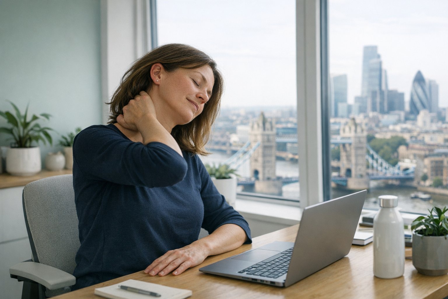 An office worker stretching at her desk in a high-rise office overlooking the Thames