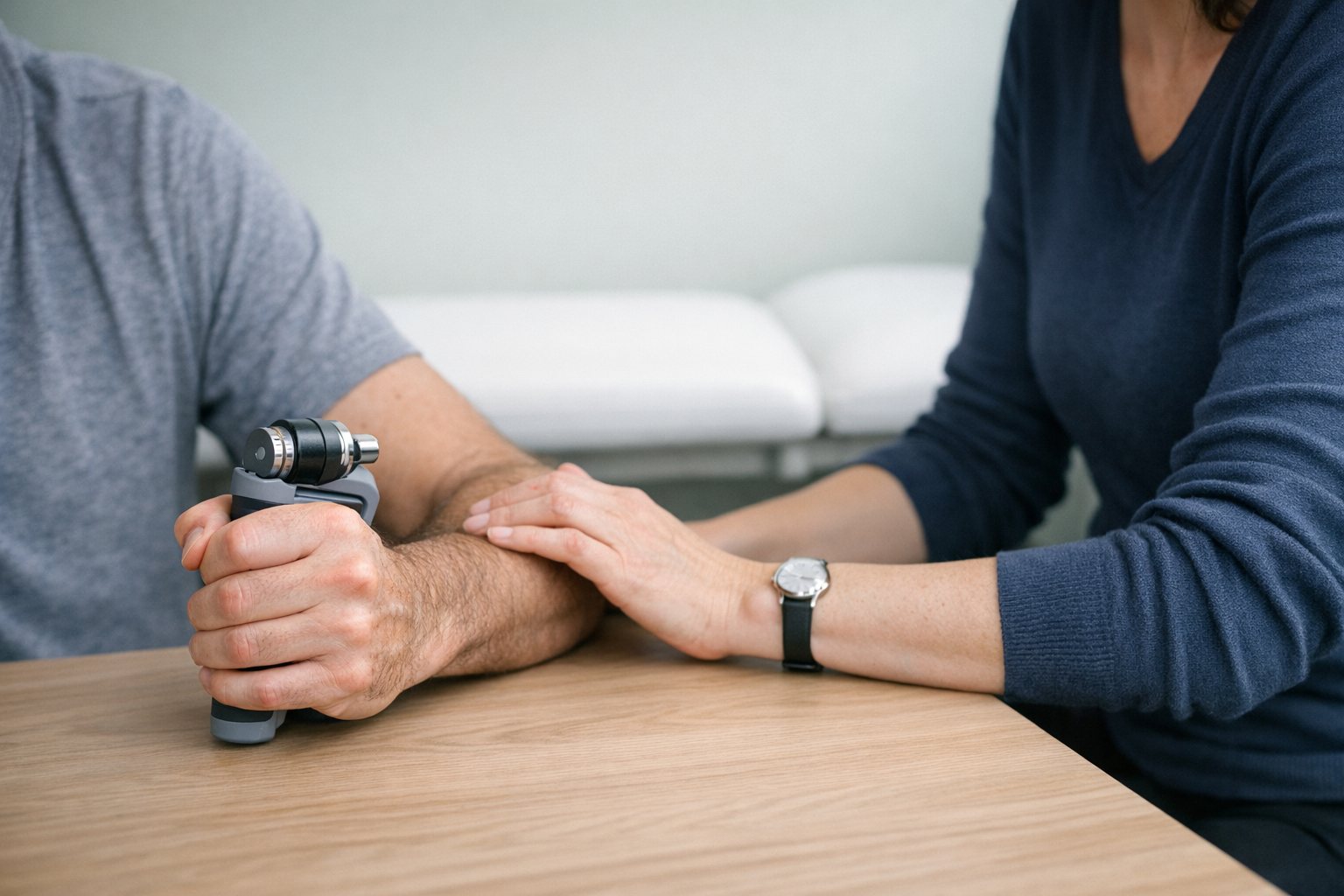 A patient testing grip strength while the clinician checks the elbow