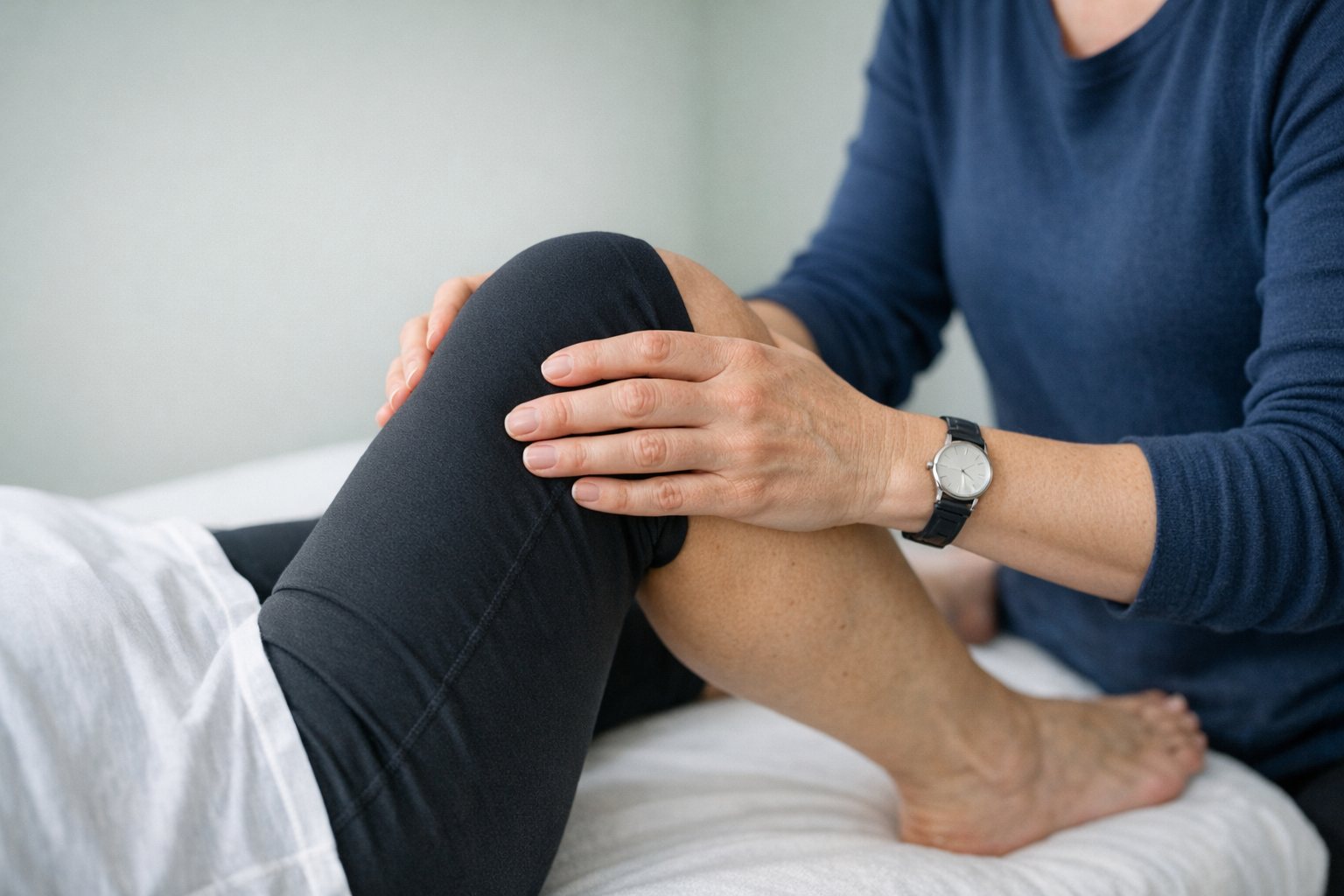 A clinician examining a patient's knee on a couch
