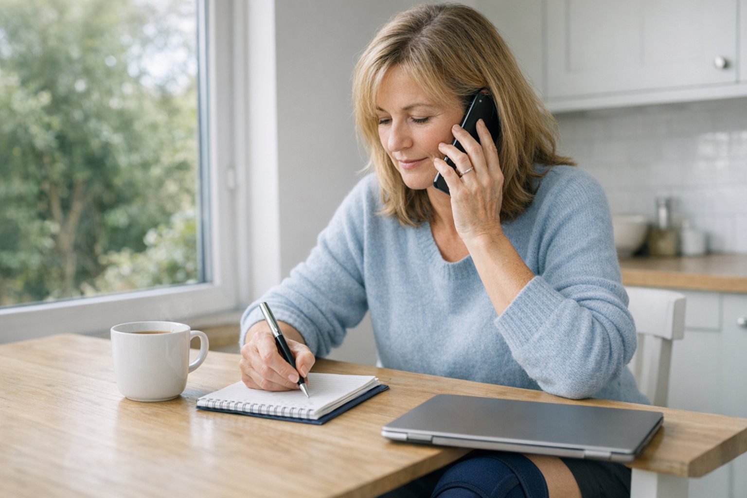 A patient at home taking notes during a telephone consultation