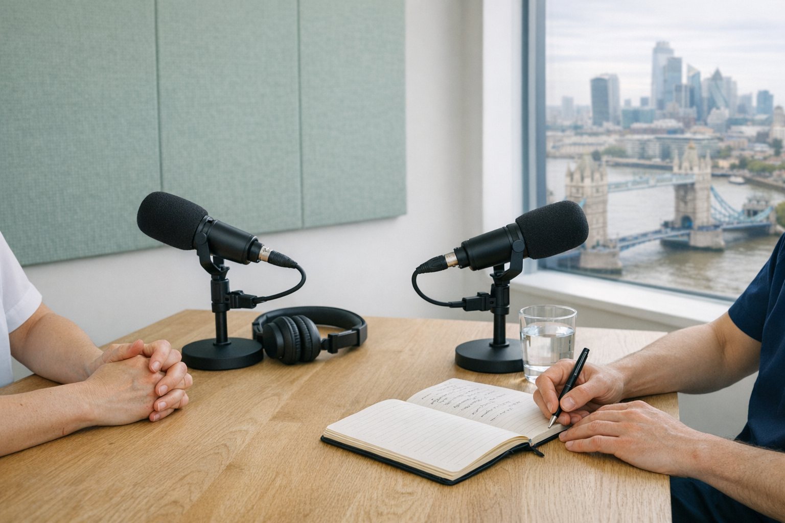 Two microphones, headphones and notes on a table