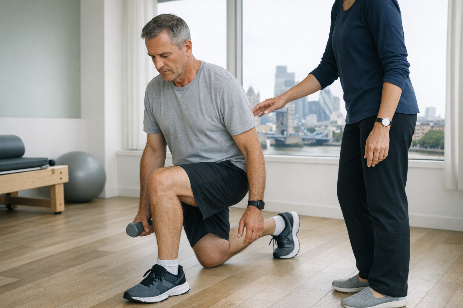 A patient doing a supervised split squat in a rehabilitation studio