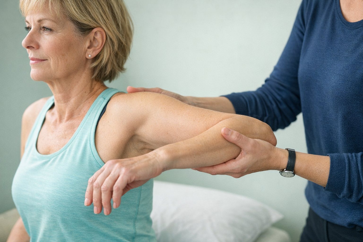 A clinician testing the movement of a patient's shoulder